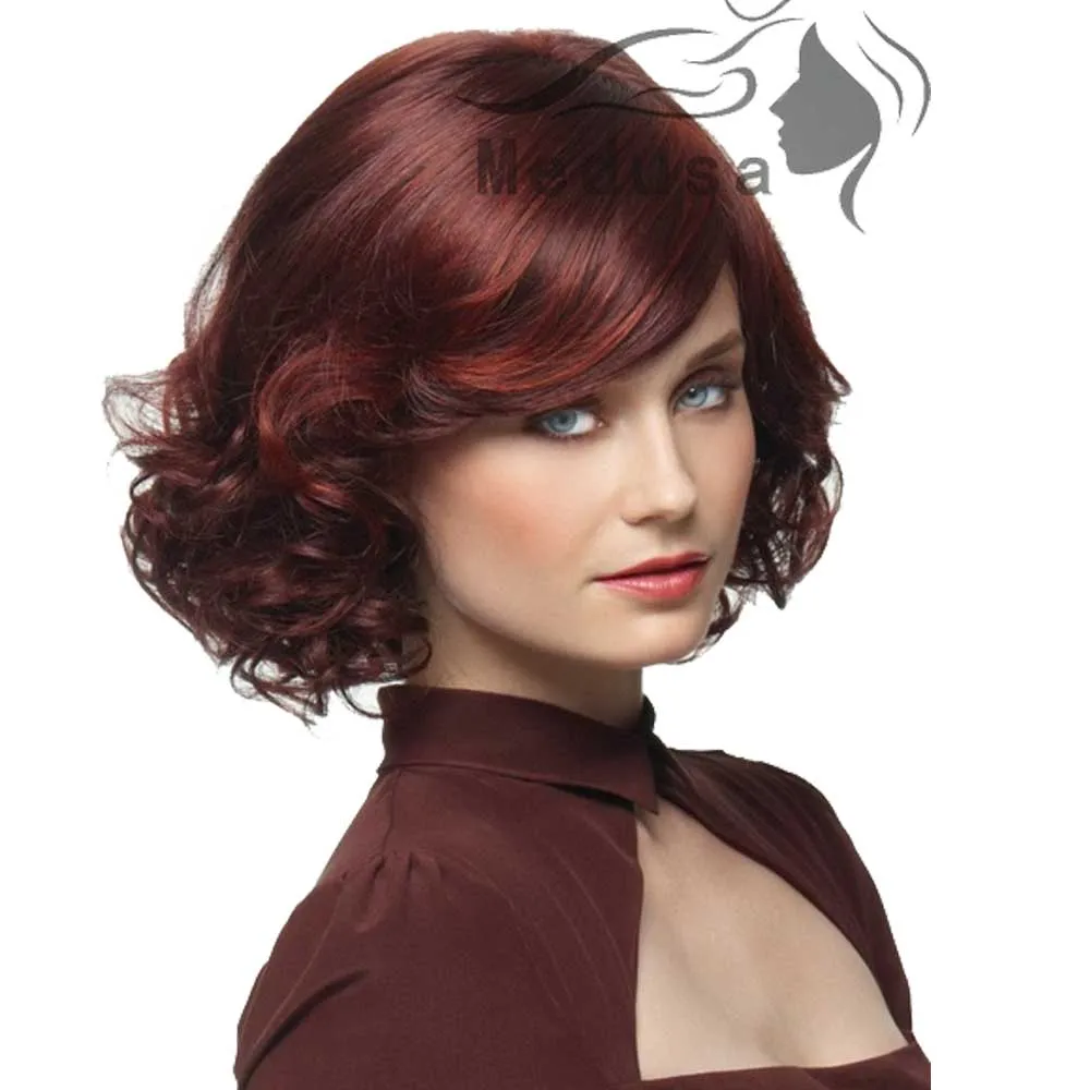 

Louise Hair 12inch New Burgunry Short Curly Wigs For African American Women Heat Resistant Auburn Ombre Wig With Inclined Bangs