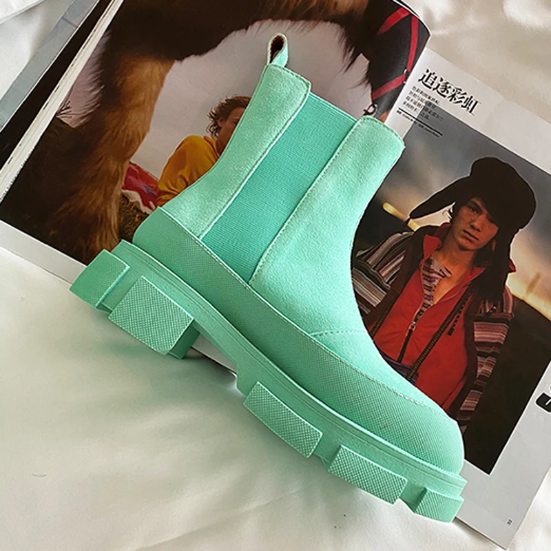 

Chic Green Suede Ankle Boots Women Round Toe Elastic Band Slip On Thick Bottom Chelsea Boots