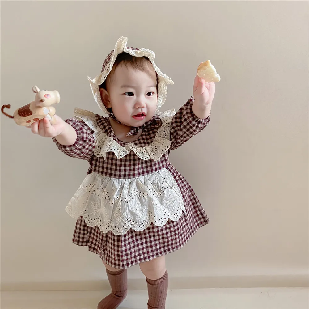 

2021 spring New baby girl's lapel bodysuit plaid lace bodysuit baby bodysuit newborn girl clothes