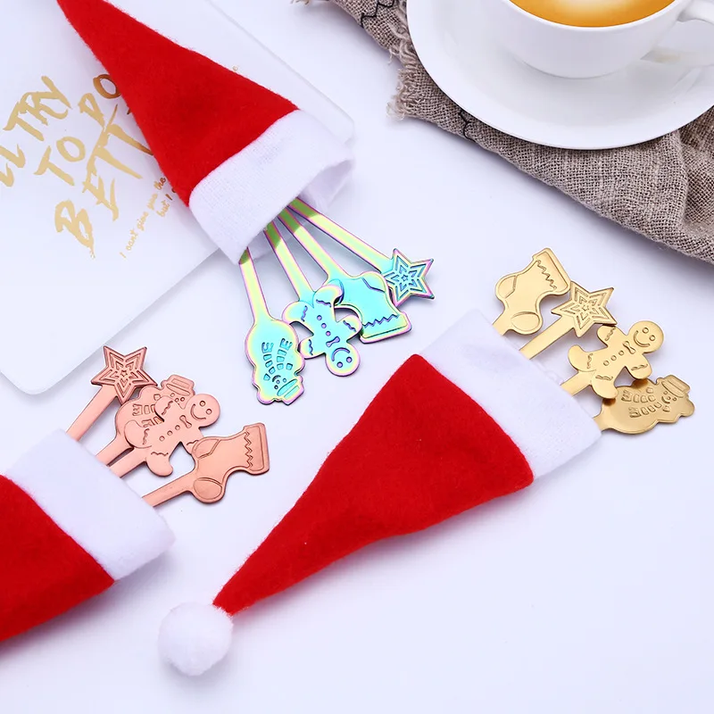 Stainless Steel Coffee Spoon Set 4PCS Christmas Colorful Cartoon Handle Spoons Flatware Ice Cream Drinking Tools | Дом и сад