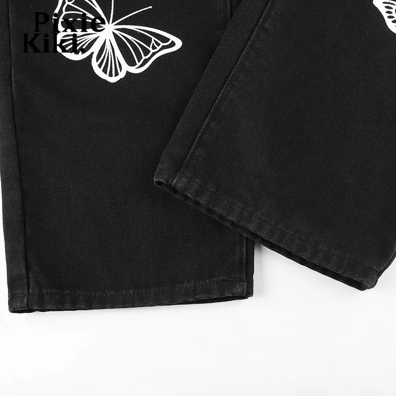 

PixieKiki Butterfly Print Black Jeans Woman High Waist Denim Pants Y2k Aesthetic Vintage Straight Leg Trousers 2021 P67-EZ50