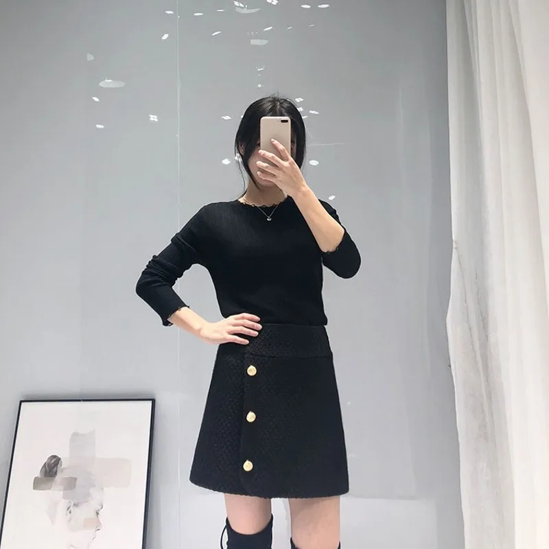 

Design New Office Ladies Black Slim Tweed 2Pcs Outfits Single Breasted V-Neck Woven Lace Woolen Coats High Waist A-Line Skirts