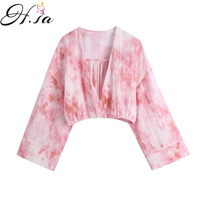 

Hsa women tops and bloues 2021 Summer Pink Tie Dye Kimono Shirt Long Sleeve Blusas Mujer Blouse Spring Autumn Loose Shirts Top