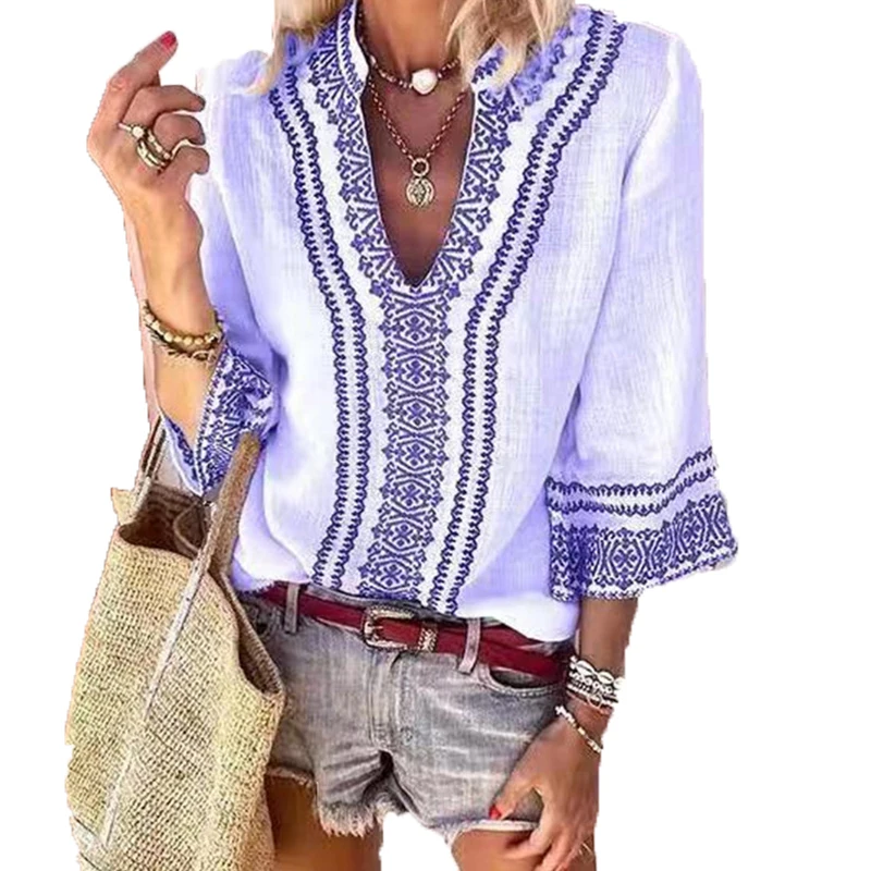 

2021 Autumn Vintage Pattern Print 3/4 Sleeve Blouse Women Casual Harajuku Shirt Blusas Summer Female V-Neck Loose Tops Pullover