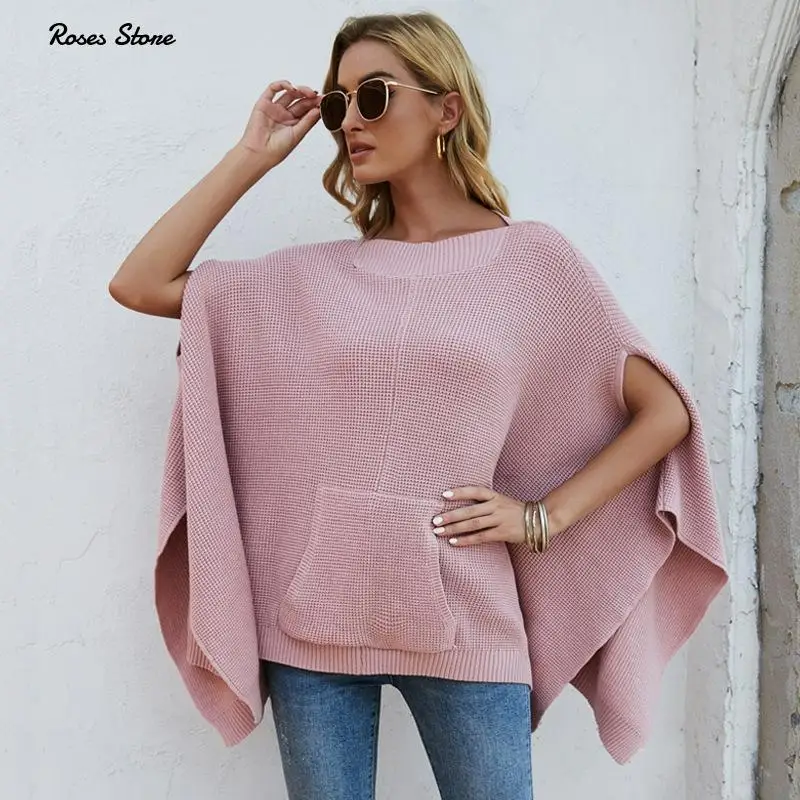 

2021 Autumn Short Batwing Sleeve Shawl Sweater Casual Loose Oversized Knitted Pullovers Knitwear Cardigan Tops Women's Warm Cape