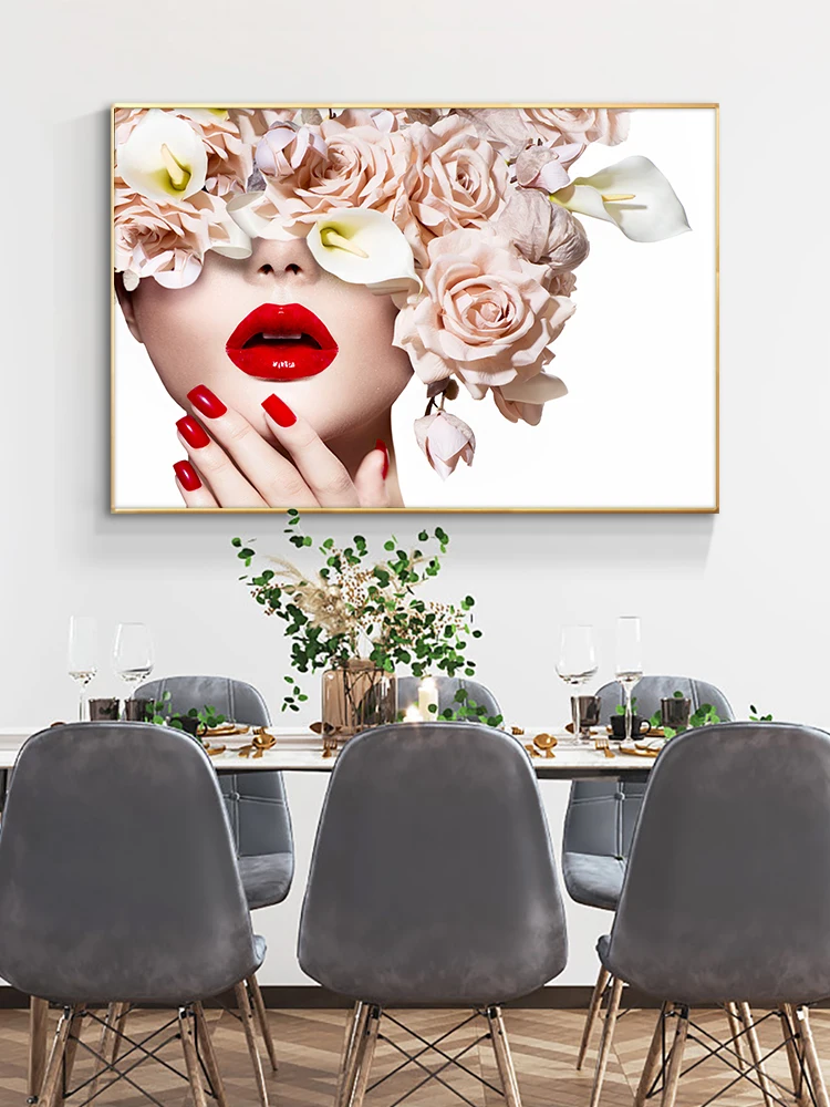 

90X130CM Fashion Red Lip Woman Flower Canvas Painting Posters and Prints Wall Art Picture for Living Room Modern Home Decor