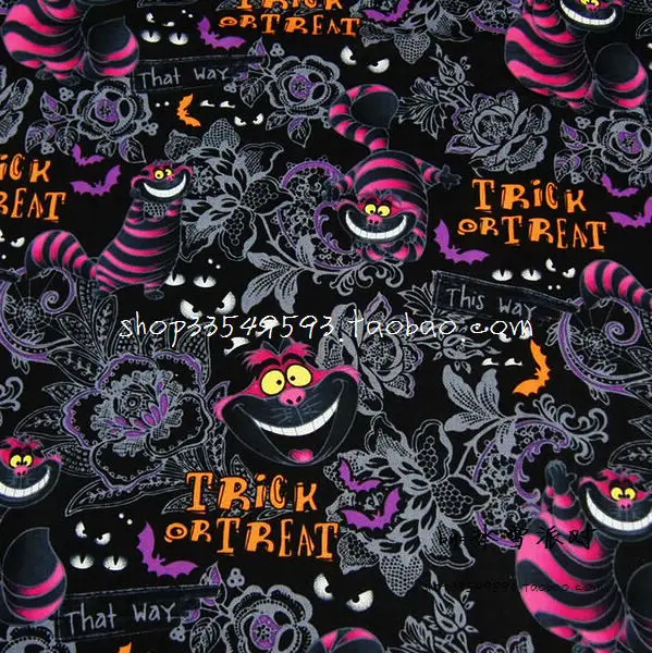 (1) 140cm Width Alice in Wonderland Cheshire Cat Trick or Treat Cotton Fabric for Baby Clothes Bags Halloween Decoration DIY-BK666 - Цвет: (1)