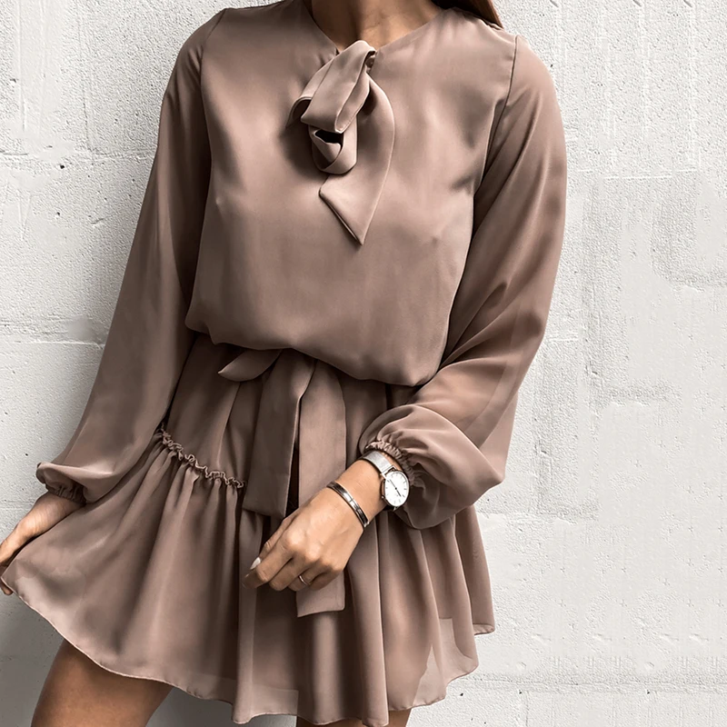 

Autumn Winter Chiffon Round Neck Dress 2021 Women Solid Ruffles Long Sleeve Female Dress Casual Office A Line Party Vestidos