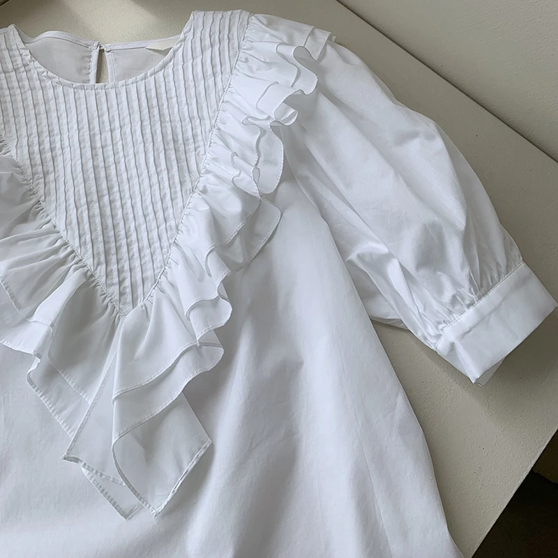 

Vintage Ruffles White Tops Pleated Blouse Women Summer Short Sleeve Blouses Korean Plus Size Shirts blouses femme