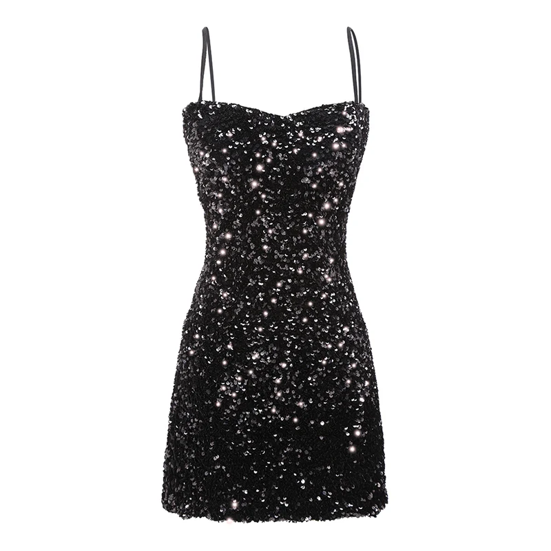 

Мини-платье PERHAPS U черное однотонное на бретелях-спагетти с блестками, вечернее пикантное без рукавов D1552