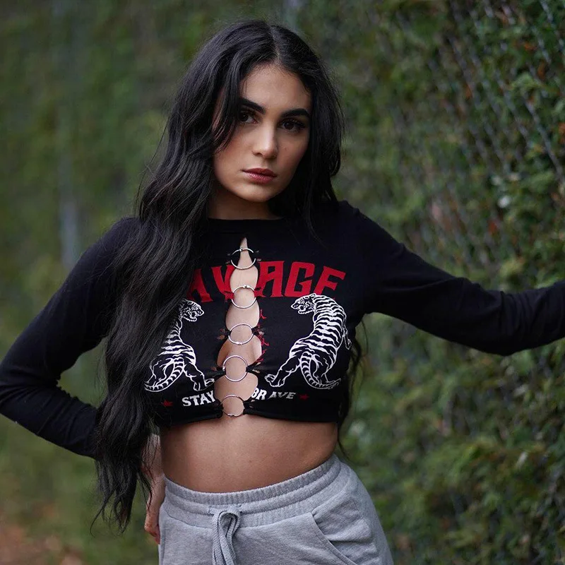 

Wild Letter Tiger Print Crop Top Women Fashion Bodycon Summer Slim Gothic Punk O-ring Bandage front Long Sleeve T shirt