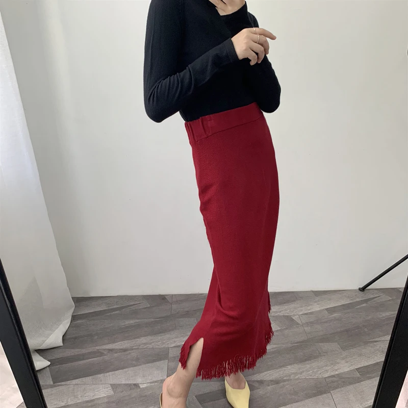 

Split Elegant Tassel Hem Midi Skirts Women Knitted Autumn Winter Elastic High Waist Pencil Vintage Streetwear Long Skirt