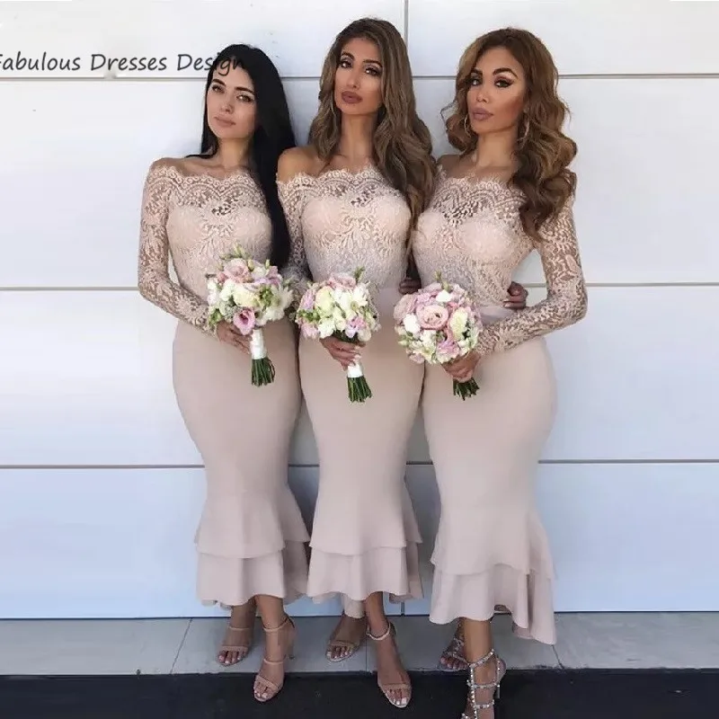 

Модные кружевные платья подружки невесты с аппликацией и длинным рукавом 2020 платье с вырезом лодочкой и юбкой-годе для официальной свадебн...
