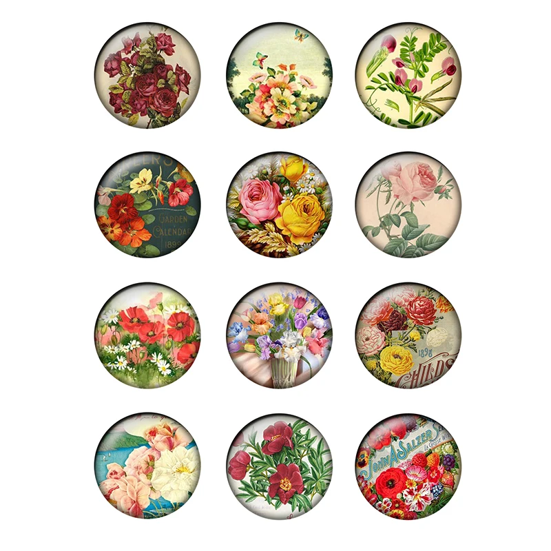 

24pcs/lot 10/12/14/16/18/20/25mm Vintage Flower Rose Handmade Photo Glass Cabochons Pattern Dome Jewelry Making Findings T144