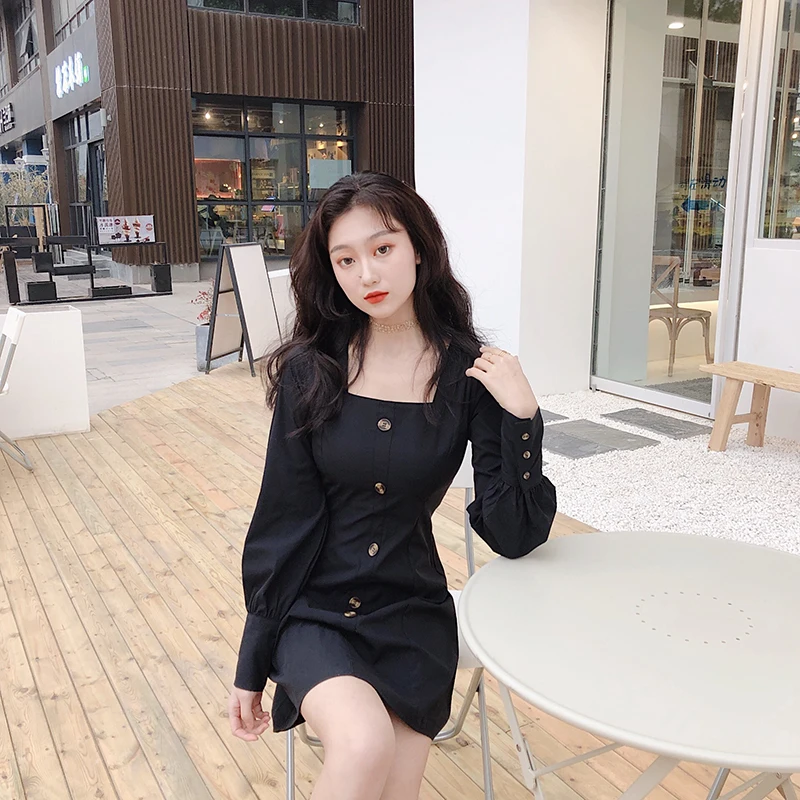 

Early Spring 2021 New Hepburn Style Skirt Western Style All-Matching French Retro Square Collar Black Primer Dress Women's