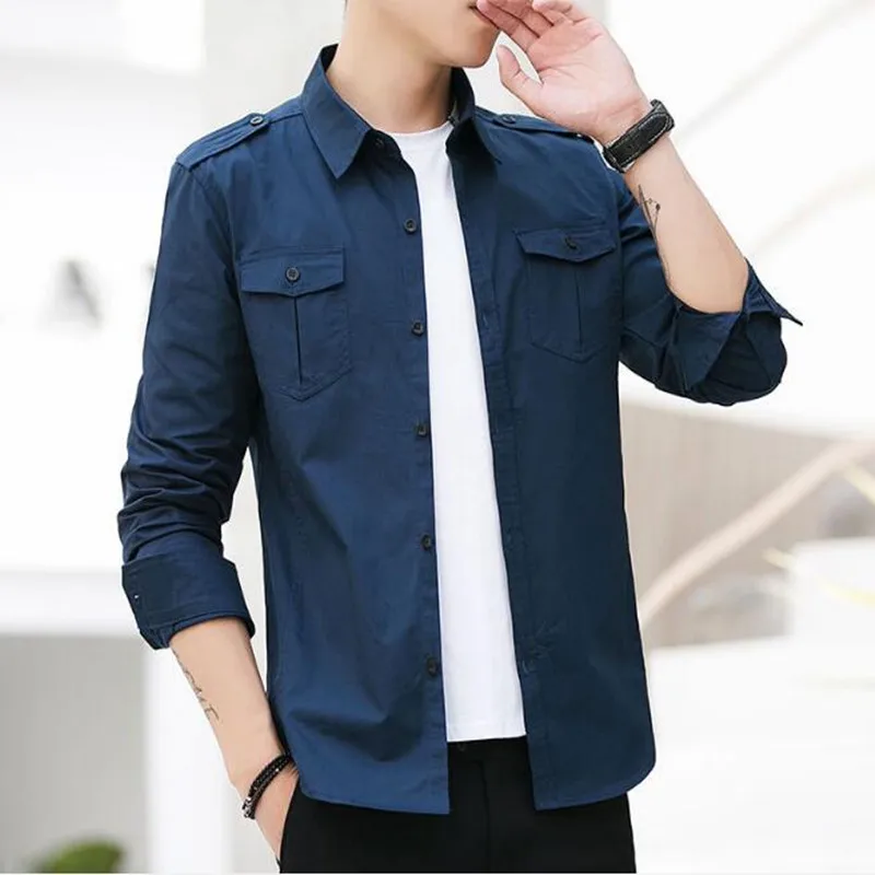 Мужская рубашка в стиле милитари мужская приталенная с длинным рукавом camisa masculina