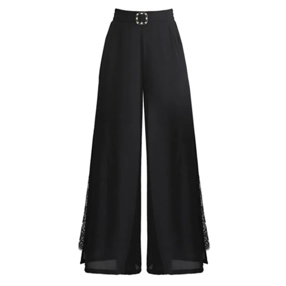 

Women's Summer Wide Leg Long Trousers Casual Vintage High Waist Chiffon Side Split Loose Black Skirt Pants Capris Female