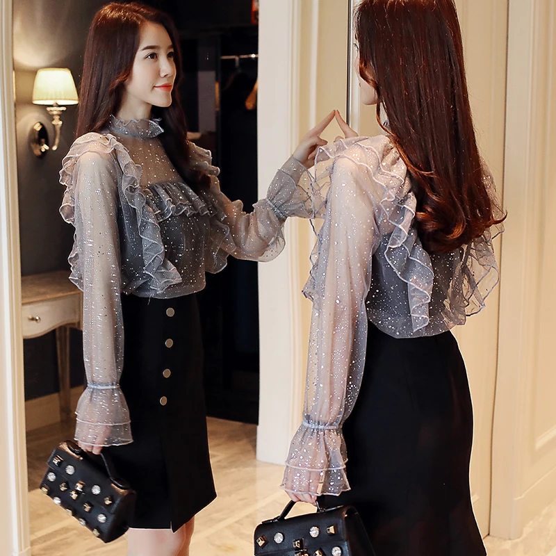 Новые Сексуальные женские блузки блестящий прозрачный сетчатый топ с длинным