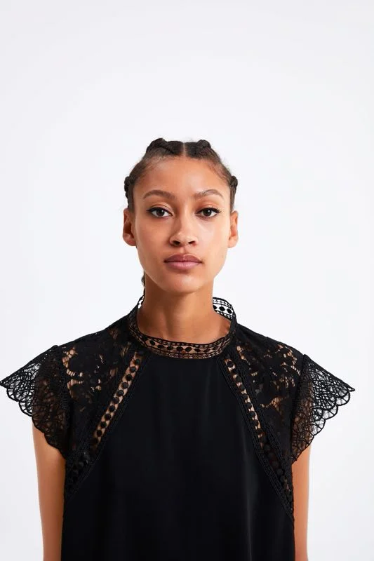 Женское шифоновое платье-рубашка с кружевной вышивкой Za однотонное элегантное