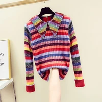 stripe sweater for women 2020 spring autumn new sequined beaded long sleeve knitwear doll collar rainbow striped sweaters pull