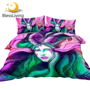 BlessLiving Girl Duvet Covers Horn Modern Bed Sets Purple Green Home Textiles Watercolor Bedding Set Constellation Bed Clothes 1