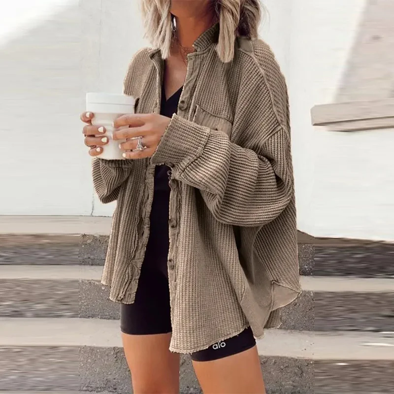 

Autumn Winter Fashion Breasted Button Coats Women Elegant Solid Color Ribbed Tops Jackets Casual Loose Long Sleeve Outwear New