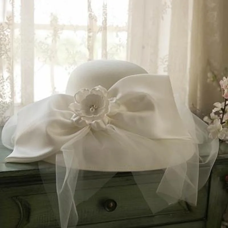 

Шляпа-Вуалетка с бантом для невесты, шляпа-фетровка с широкими полями для церкви и торжественных случаев