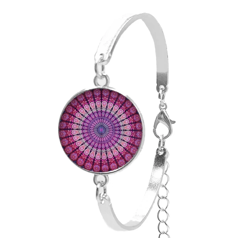 

2021 New Indian Yoga Mandala Henna Flower Glass Convex Round Pendant Buddhist Chakra Glass Dome Women's Bracelet Jewelry