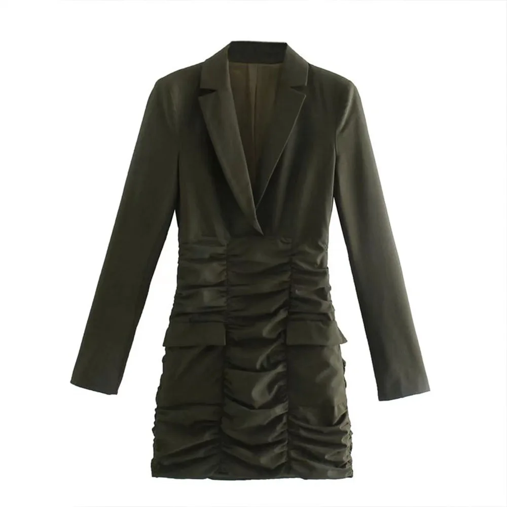

Za Women 2021 Autumn New Chic Fashion Fold decoration Blazer style Dress Vintage lapel Long Sleeve Female Dresses Vestidos Mujer