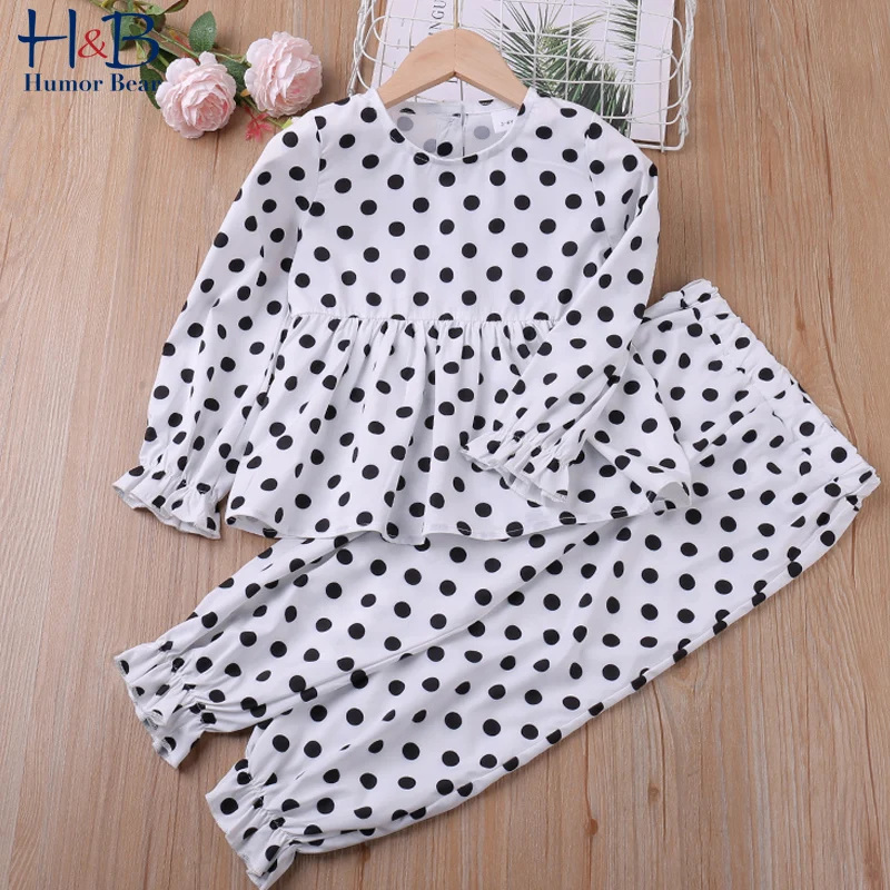 

Humor Bear Girls Clothes Set Spring Autumn New Long- Sleeve Ploka Dot Printed Shirt +Casual Pants 2PCS Toddler Kids Clothes