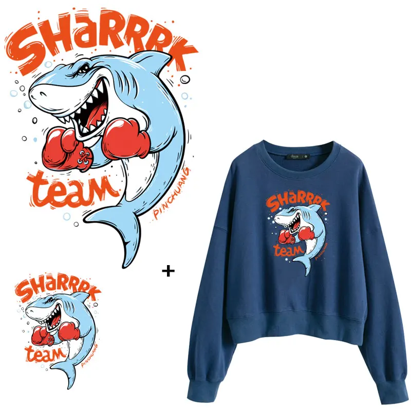 

Cartoon Shark Clothing Thermoadhesive Patches Printing Shark Boxing Heat Transfer Diy 3d Stickers on T-shirt Applique 2 Size