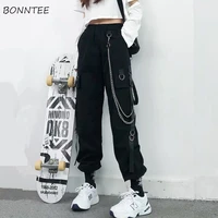 pants women cargo oversize fashion punk pockets jogger trousers with chain harajuku elastics high waist streetwear dance stylish