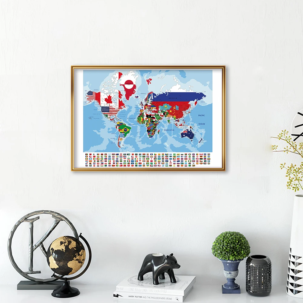 

59*42cm Political Map of The World with National Flags Wall Poster Decorative Canvas Painting School Supplies Home Decor