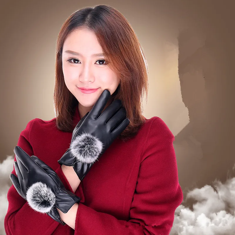 1 пара искусственная кожа модные женские зимние Элегантные перчатки кроличий мех