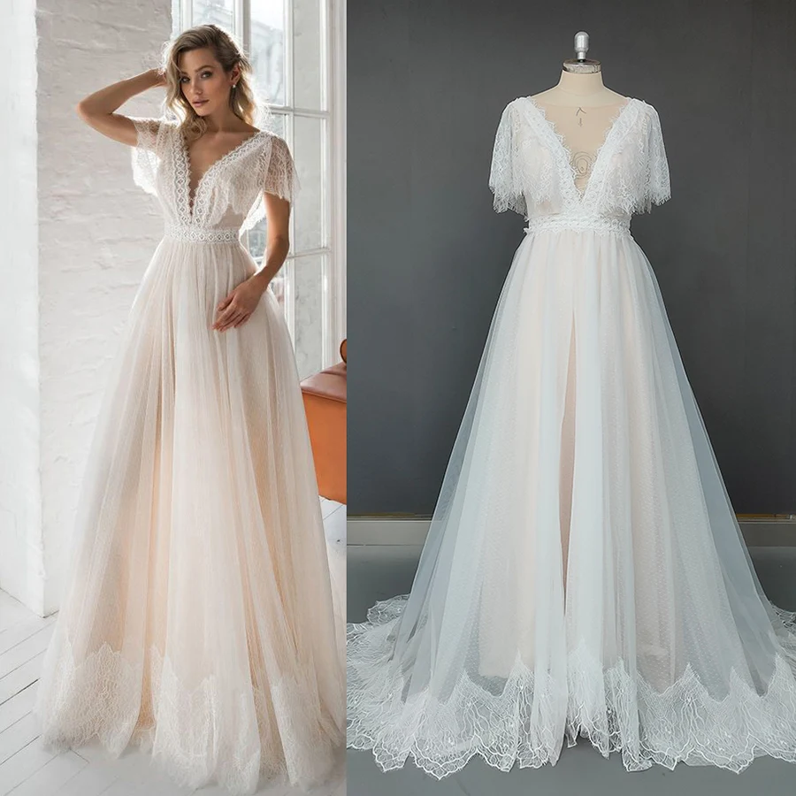 Deep V-Neck Lace Wedding Dress Polka Dots Tulle Custom Made Short Flutter Sleeves Low Cut Back Beach Boho Princess Bridal Gown