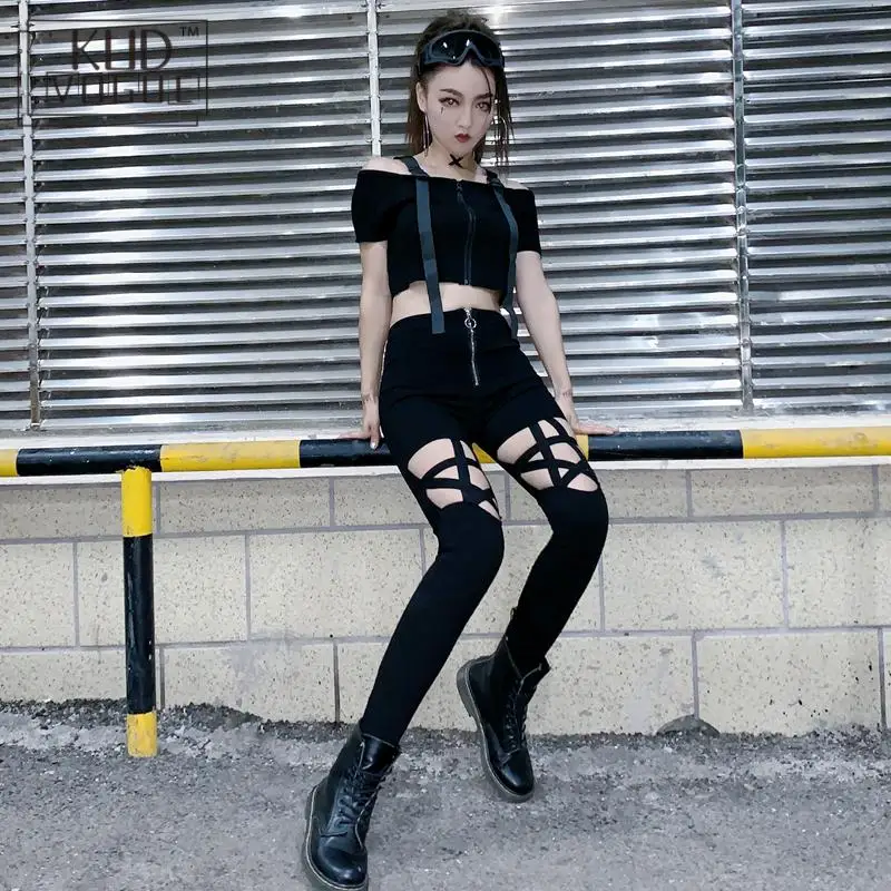 Женские обтягивающие штаны в готическом стиле панк хип хоп с дырками высокой