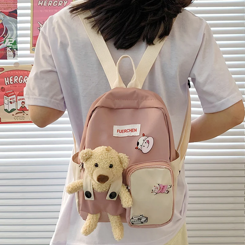 

EST New 2021 Kawaii Bear Backpack Small Bags for Women Shoulders Mini College Girls Casual Female Mochila Bolsa Waterproof Nylon