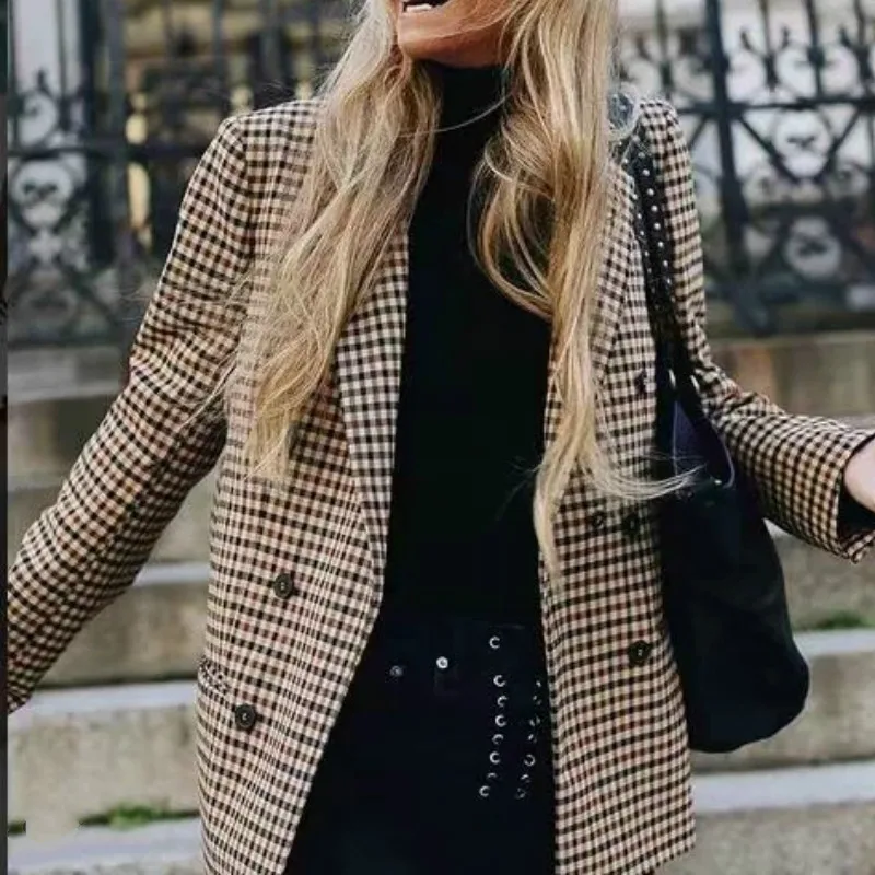Пиджак женский в клетку с отложным воротником приталенный пиджак стиле ретро