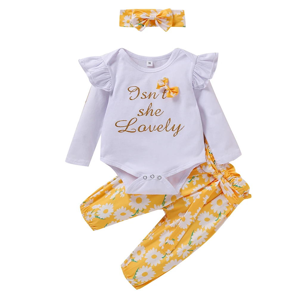 

Baby Girls Letter Print Clothing Set Romper Pants Headband 3Pcs Casual Outfits Spring Autumn Kids Long Sleeve Jumpsuit Set