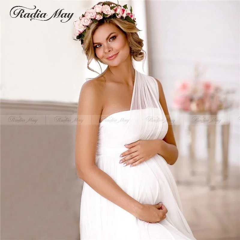 Элегантное белое шифоновое платье с одним плечом для беременных свадебное