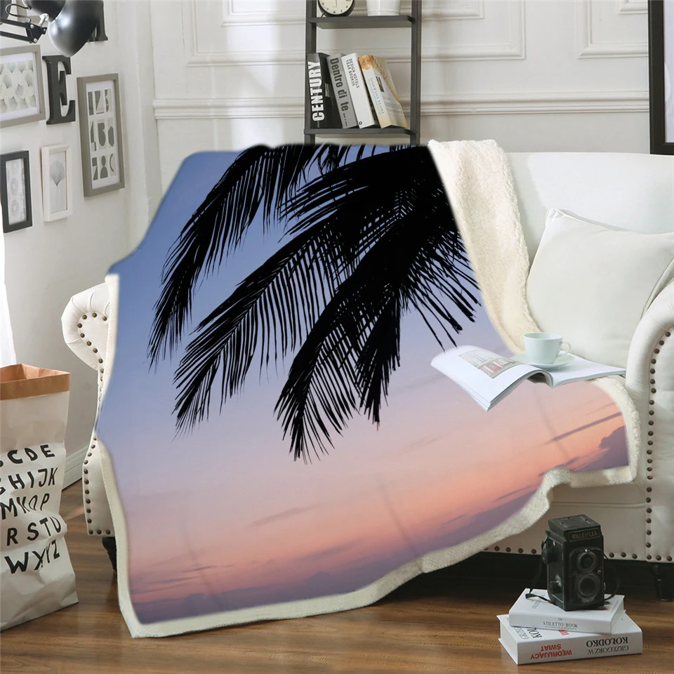 

Palm Trees Hooded Blanket for Adults Tropical Sherpa Blanket Miami Beach Sunset Wearable Blanket 3D Blanket