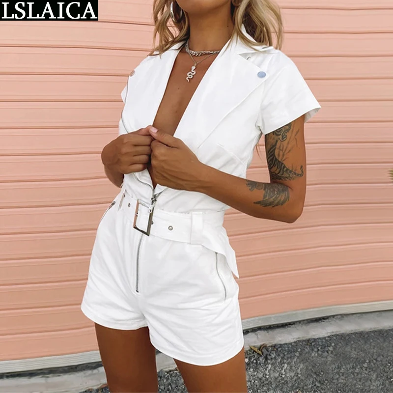 

Overalls for Women Jumpsuit Zipper Short Sleeve Sashes Shortt Bodycon Jumpsuit Chic Office Lady Casual Playsuit Mono Largo Mujer