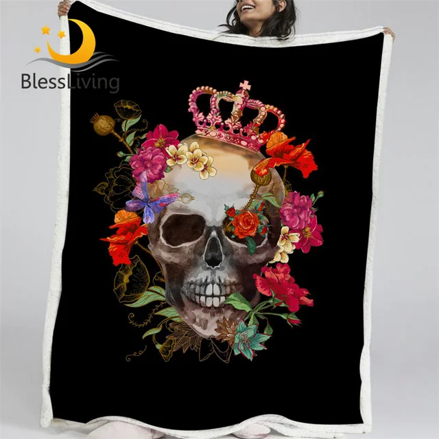 BlessLiving Sugar Skull Fleece Blanket Floral Roses Reversible Sherpa Throw Blanket on the Bed King Queen for Couples 150x200 1