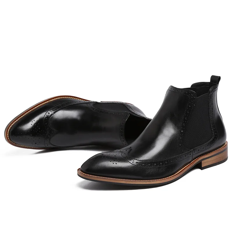 Knight Winter Mens Retro Pointed Toe Slip On Brogue Chelsea Boots Real Leather Business Man Casual Shoes Fashion Footwear | Обувь