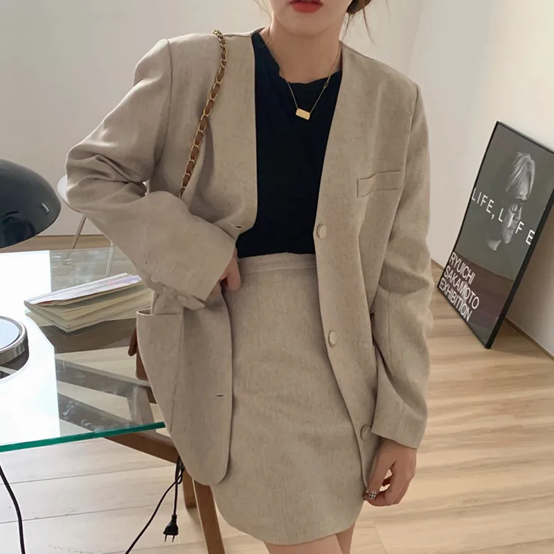 

Aibeautyer 2021 Spring Elegant Female Skirt Suits Women 2 Pieces Set V-neck Single-breasted Blazer High Waist A-line Mini Skirt