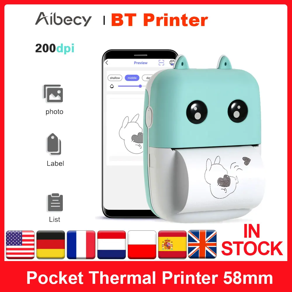 Aibecy Мини карманный Термальность принтер 58 мм Беспроводной BT 200 точек/дюйм с 1