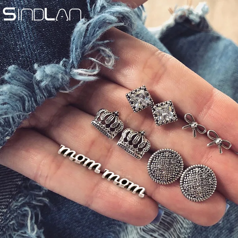 Sindlan 5 пар маленькая корона серьги-гвоздики с бантом набор серьги для мамы буквами