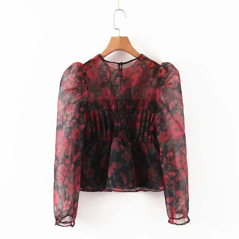 Женская винтажная блузка из органзы с цветочным принтом плиссированные рубашки