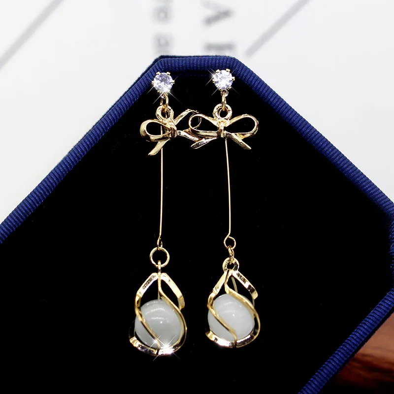 

925 sterling silver New Women's Fashion Jewelry High Quality Crystal Zircon Round pink gold Opal Hollow Long Tassel Earrings