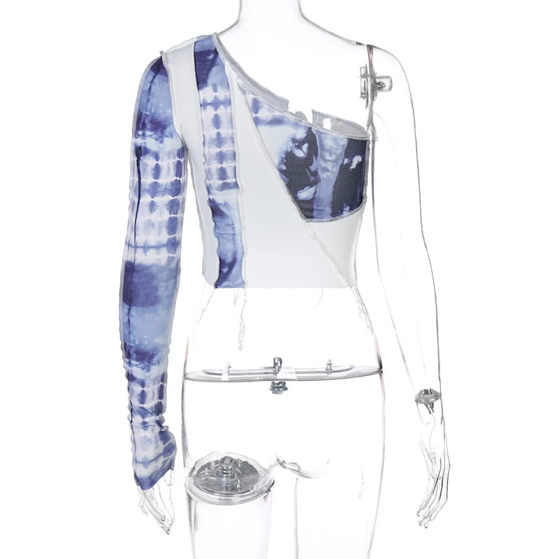 

ArtSu 2021 Long Sleeve One Shoulder Parthwork Print Backless Tshirt Top Tie Dye Tee Shirt Femme Women Casual Streetwear TS52693